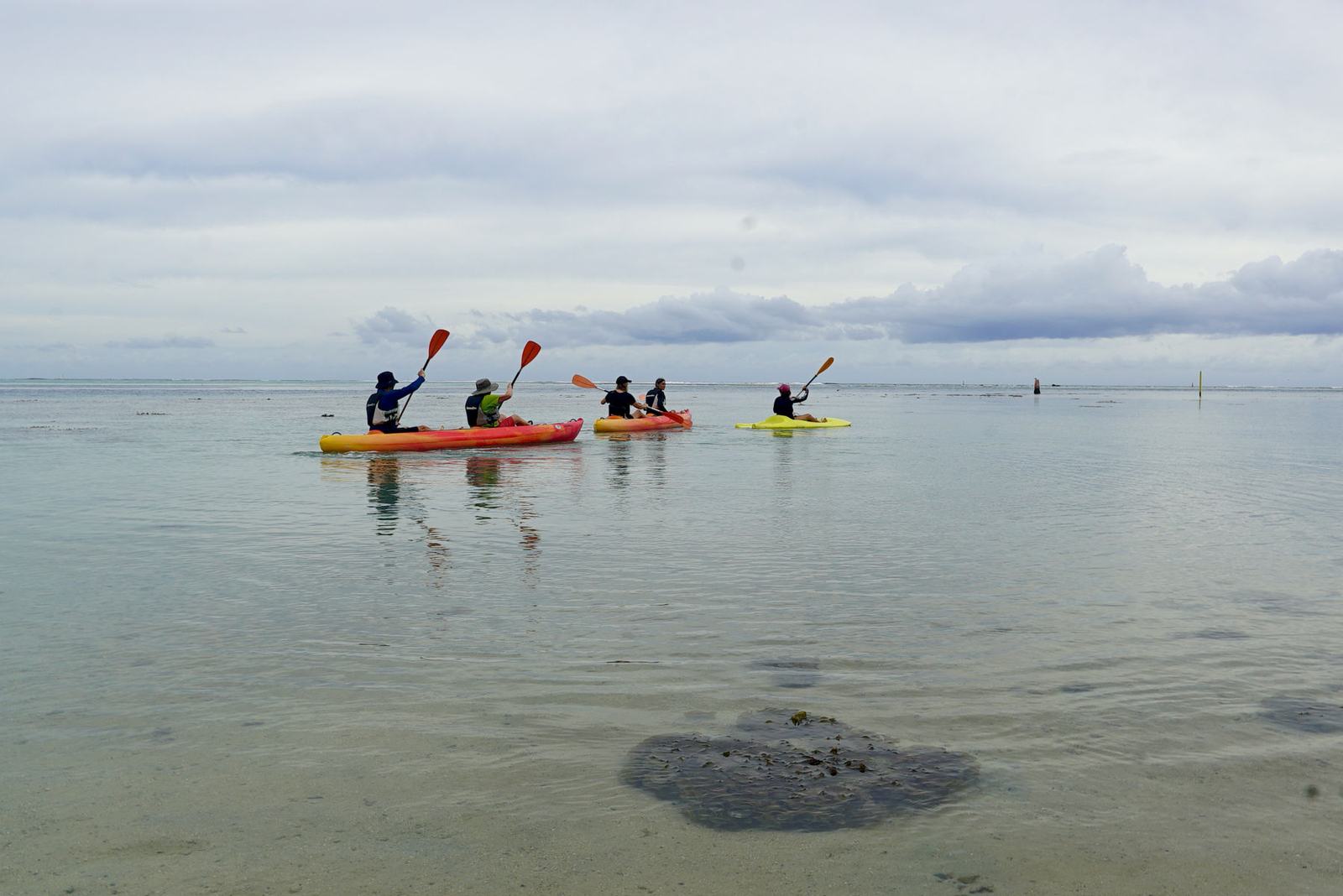 Kayaks gliding across a calm lagoon