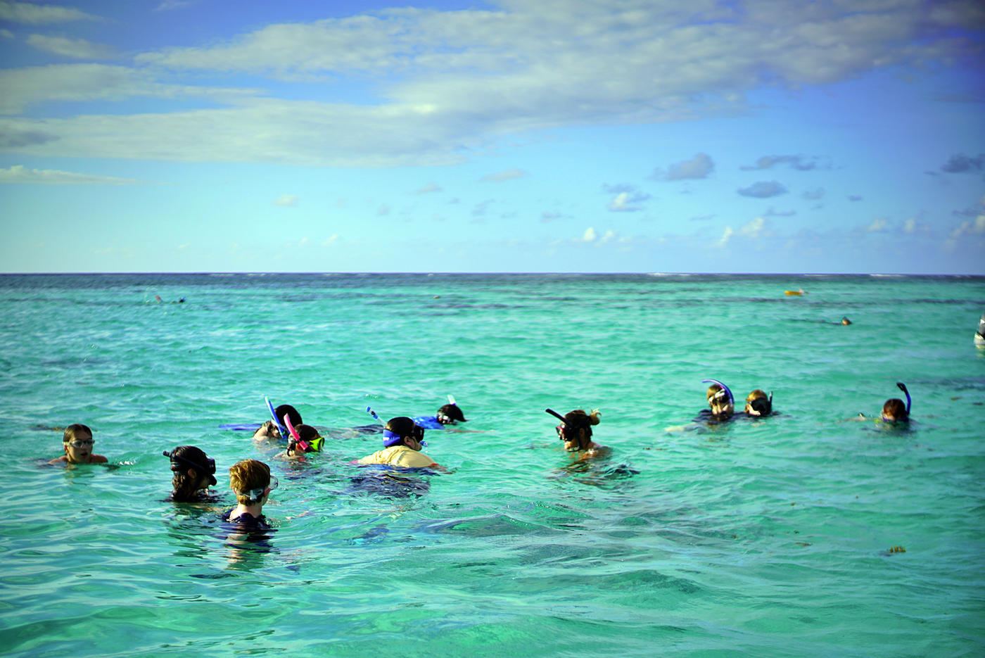 Learners snorkeling in a turquoise lagoon
